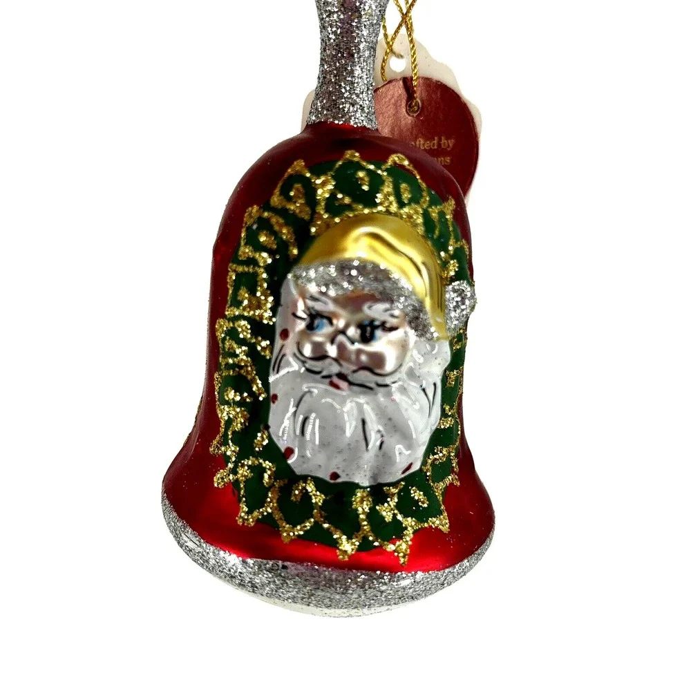 Vintage Christmas Home For The Holidays Glass Hanging Santa Wreath Ornament Bell
